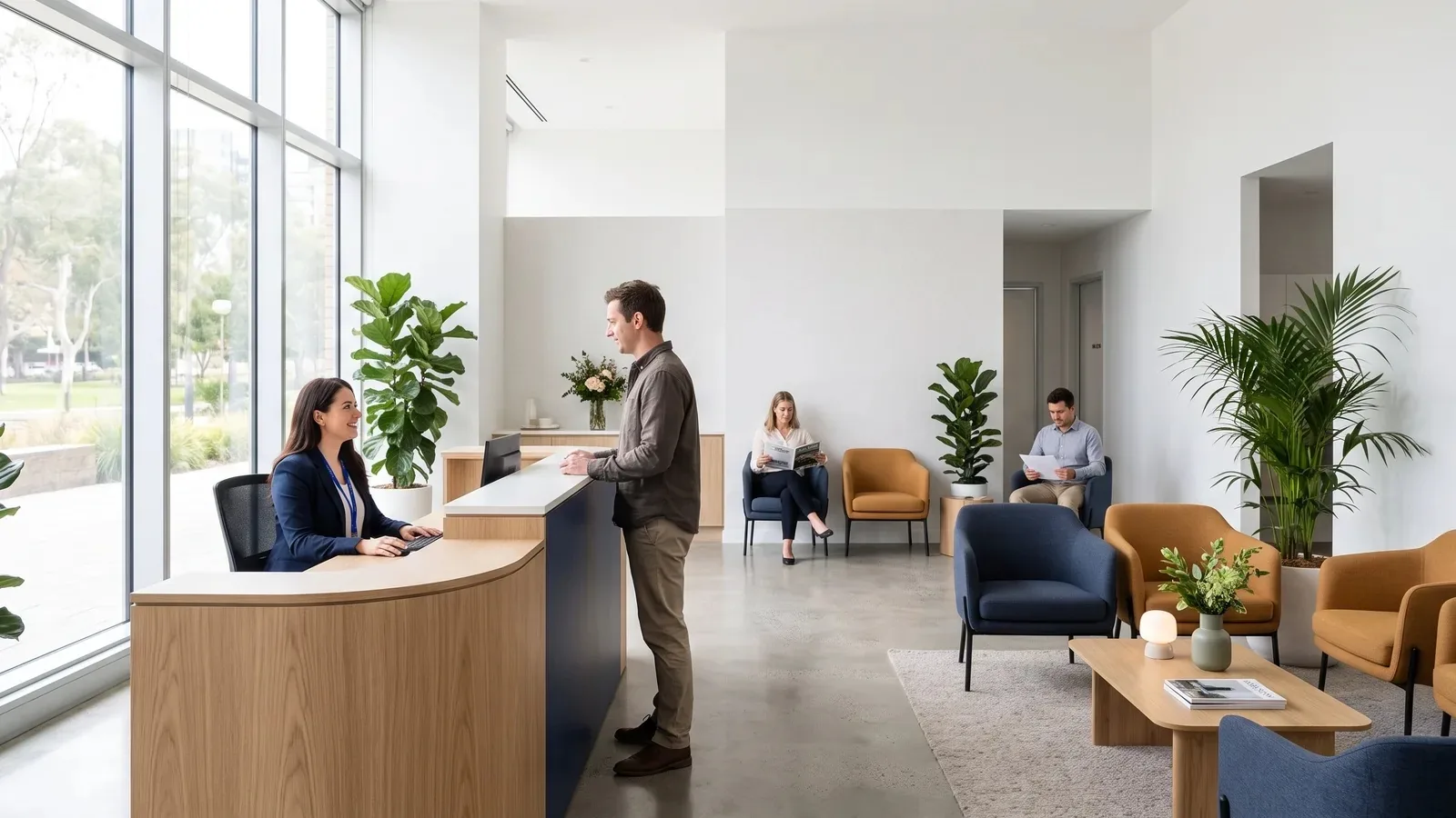 Reception and waiting area of a bright clinic with plants and soft seating