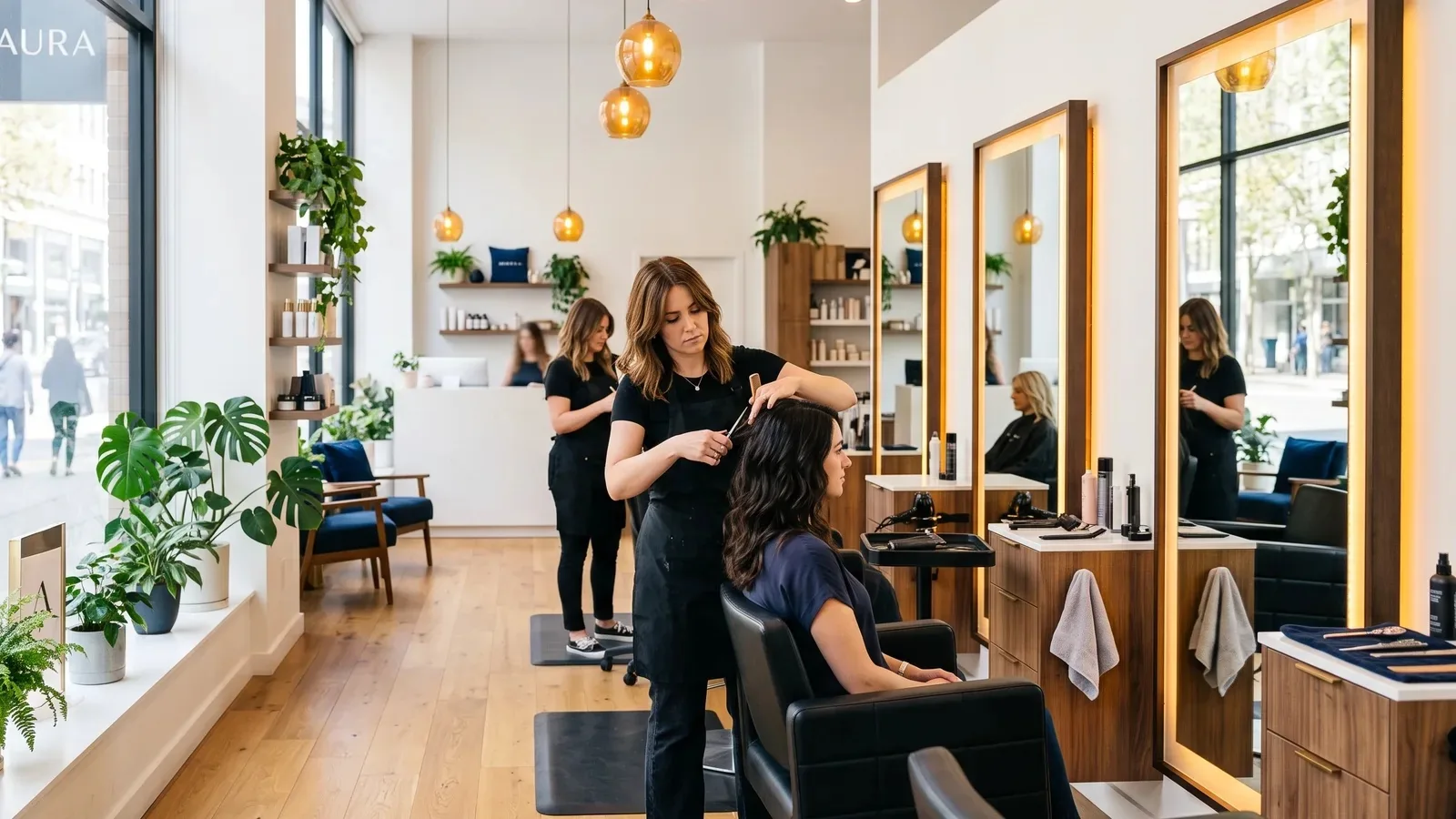 Hair salon with a row of mirrors and daylight from tall windows