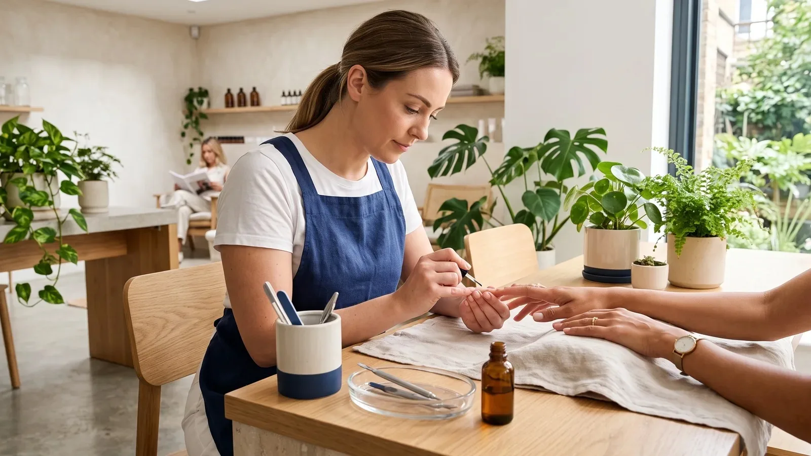 Manicurist working at a nail studio table with plants and small bottles