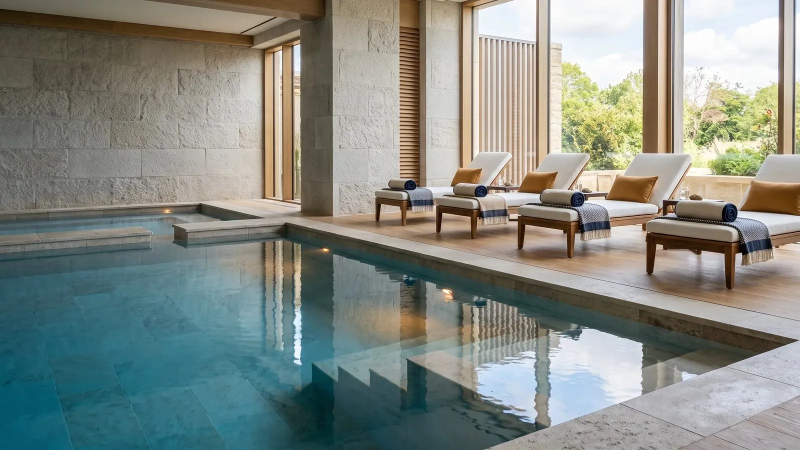 Indoor spa pool with stone walls and wooden loungers