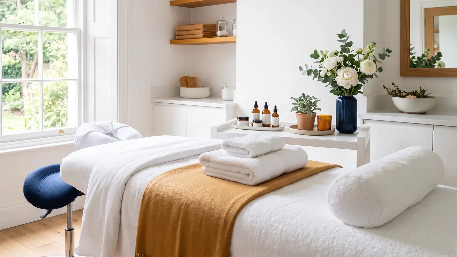 Treatment bed with folded towels, small bottles and plants at the window